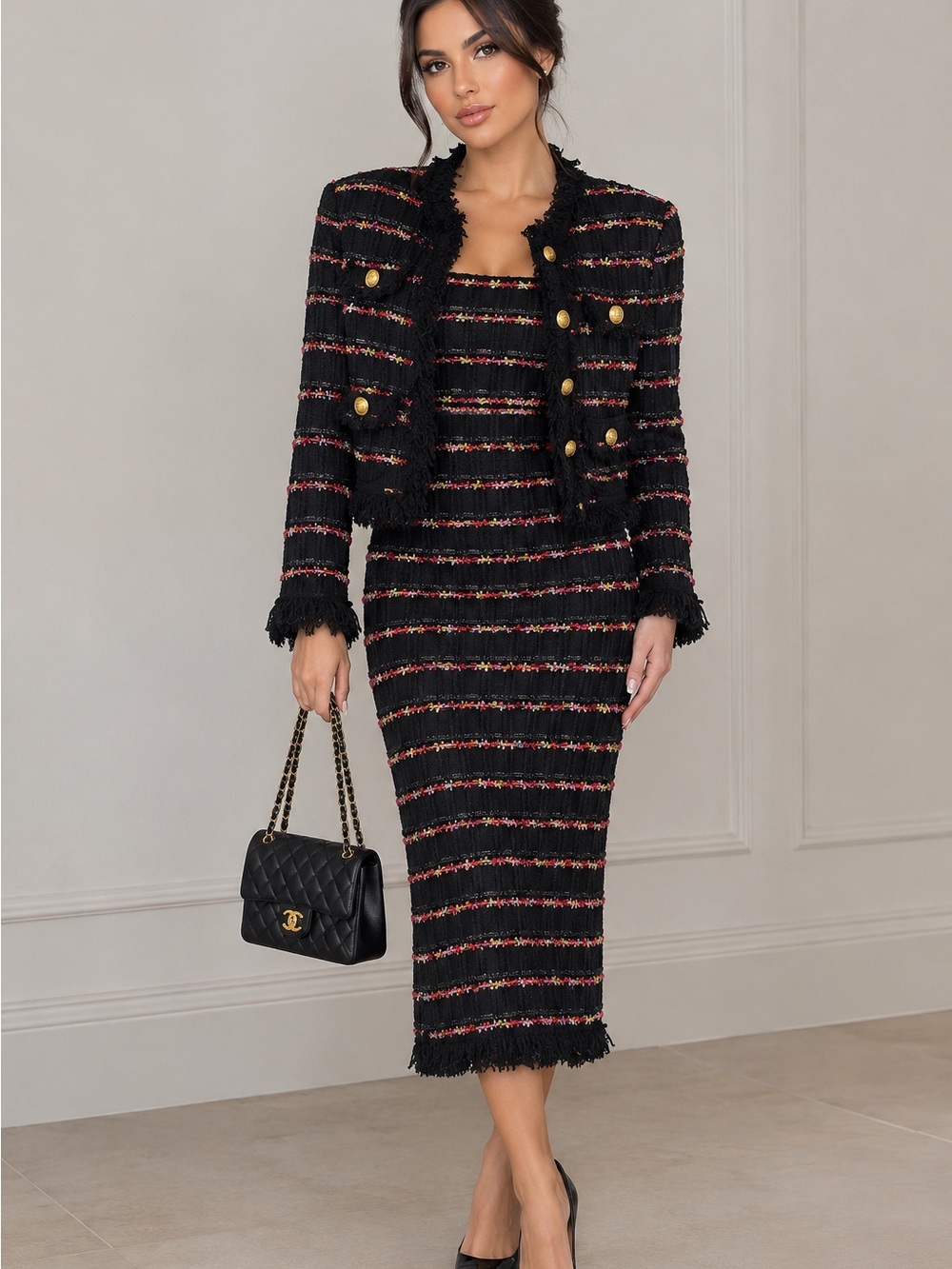 Black Fringe Knit Jacket and Skirt Set with Pink Stripe Detail